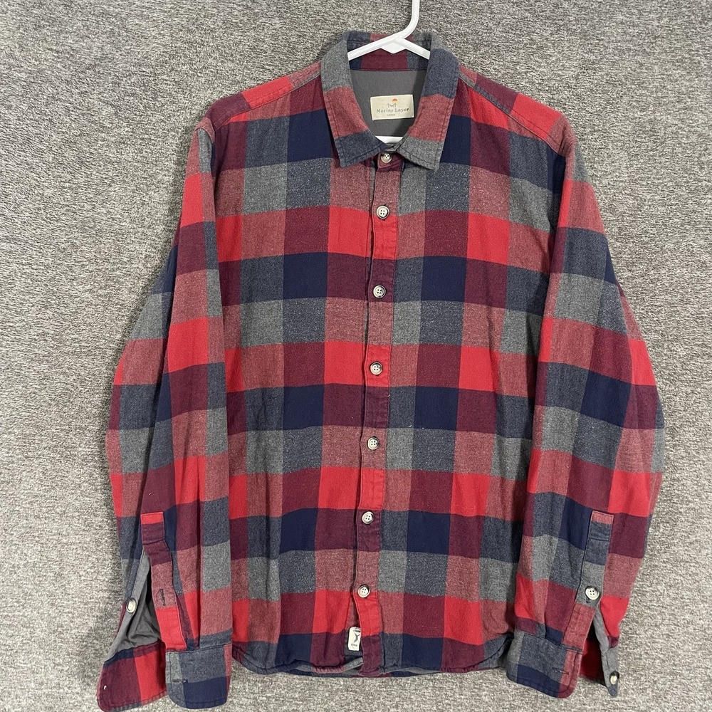 Marine Layer Shirt Mens Large Red Plaid Flannel Long Sleeve Button Up Casual
